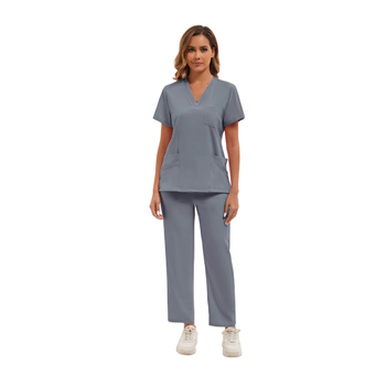 Set uniformă pentru asistentă - amestec poliester cu absorbție a umidității, top cu mâneci scurte și decolteu în V, pantaloni, îmbrăcare medicală unisex