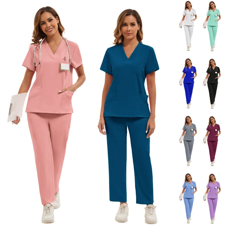 Set uniformă pentru asistentă - amestec poliester cu absorbție a umidității, top cu mâneci scurte și decolteu în V, pantaloni, îmbrăcare medicală unisex