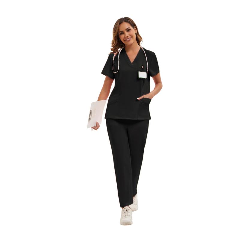Set uniformă pentru asistentă - amestec poliester cu absorbție a umidității, top cu mâneci scurte și decolteu în V, pantaloni, îmbrăcare medicală unisex
