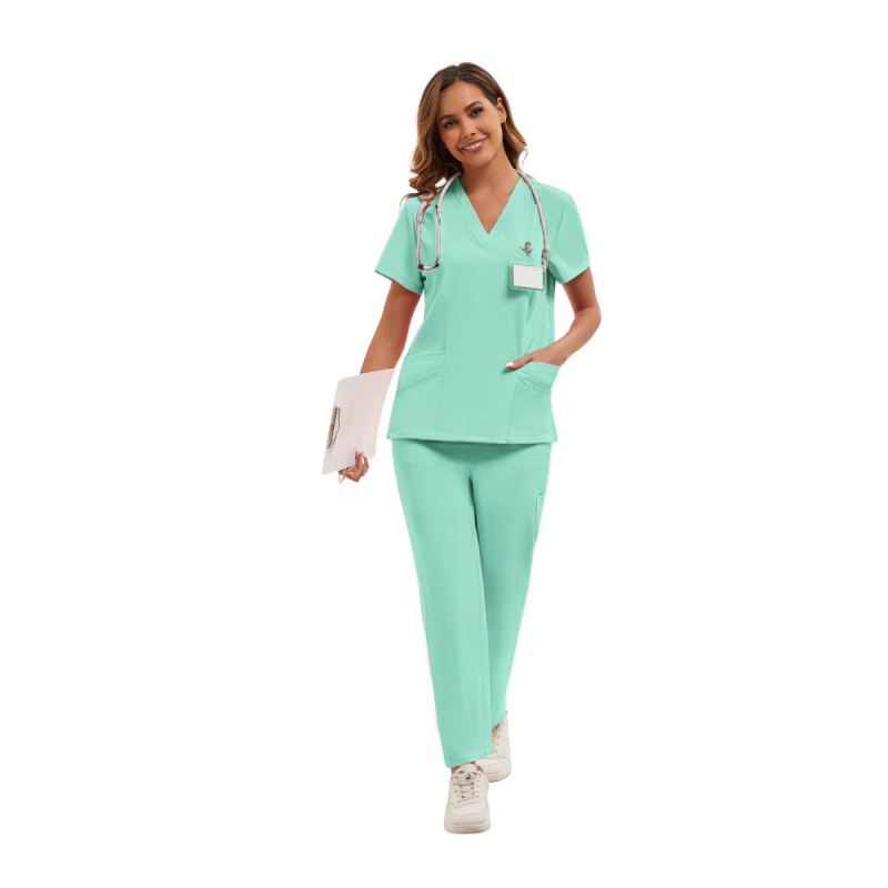 Set uniformă pentru asistentă - amestec poliester cu absorbție a umidității, top cu mâneci scurte și decolteu în V, pantaloni, îmbrăcare medicală unisex