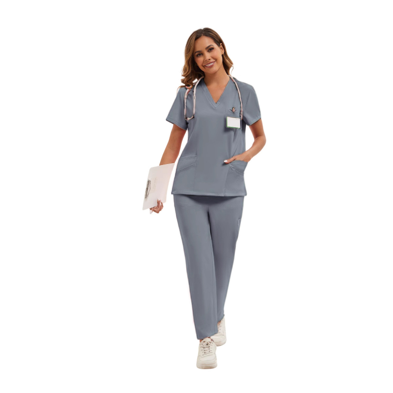 Set uniformă pentru asistentă - amestec poliester cu absorbție a umidității, top cu mâneci scurte și decolteu în V, pantaloni, îmbrăcare medicală unisex