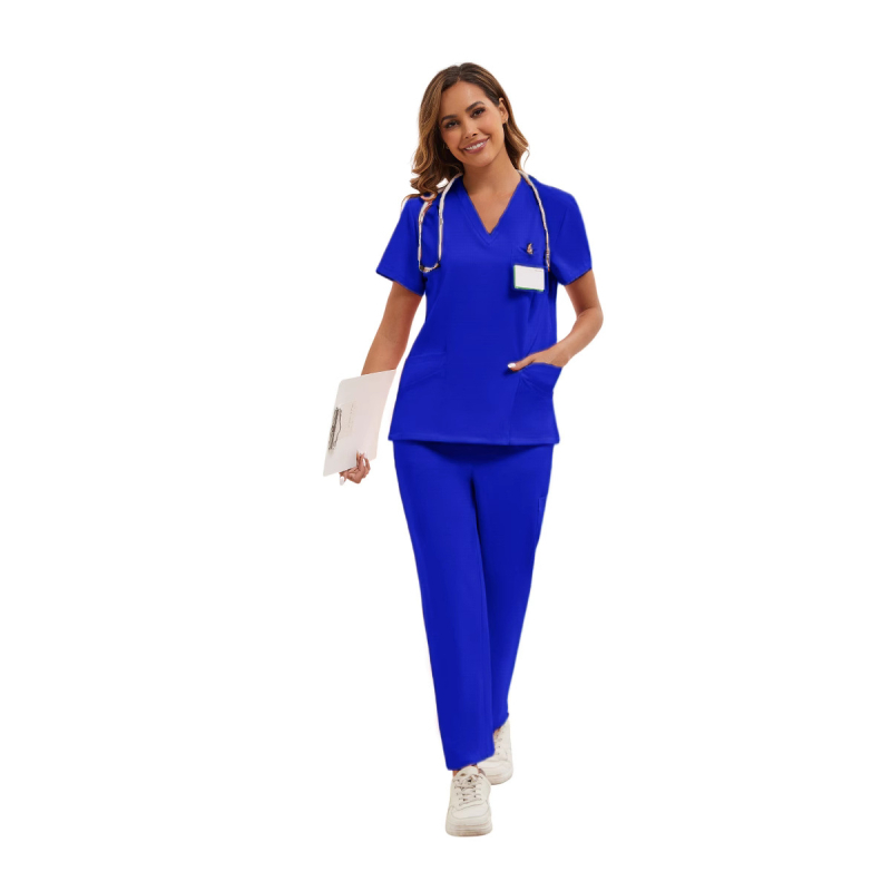 Set uniformă pentru asistentă - amestec poliester cu absorbție a umidității, top cu mâneci scurte și decolteu în V, pantaloni, îmbrăcare medicală unisex