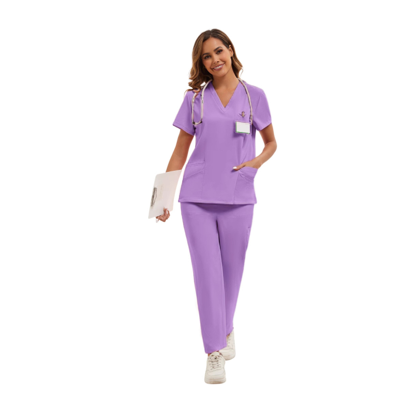 Set uniformă pentru asistentă - amestec poliester cu absorbție a umidității, top cu mâneci scurte și decolteu în V, pantaloni, îmbrăcare medicală unisex