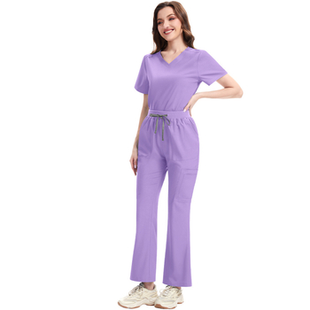 Медицински комплект униформи: V-образно деколте, къси ръкави, бързосъхнеща полиестер-еластан смес, влагоотводящ, унисекс