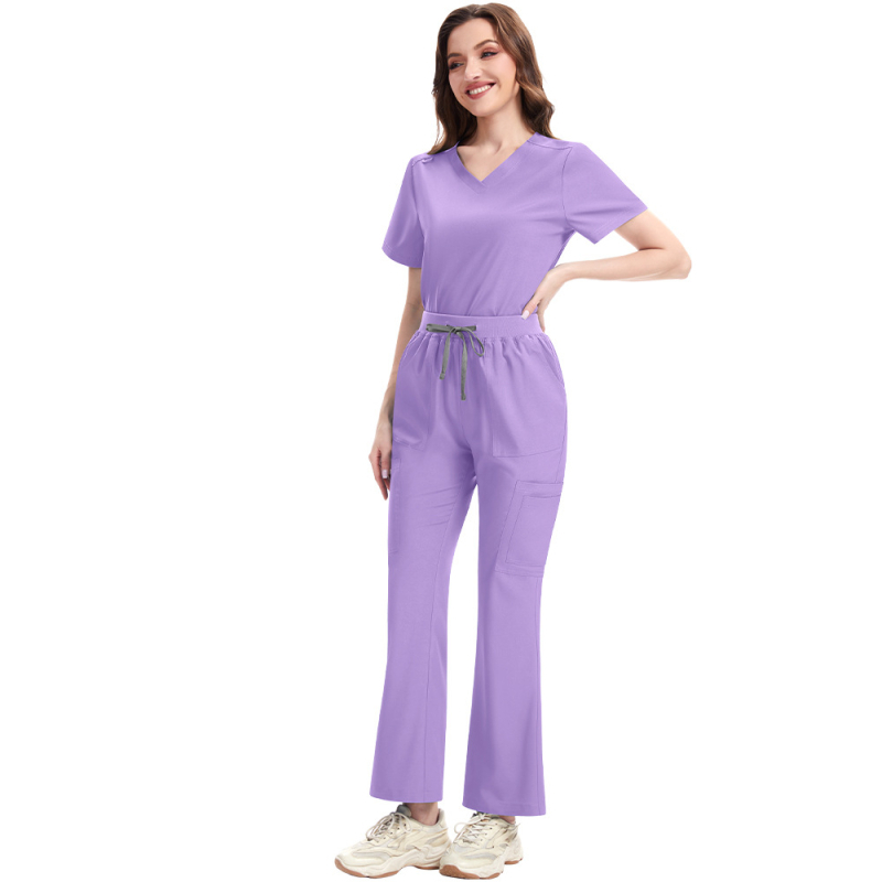 Медицински комплект униформи: V-образно деколте, къси ръкави, бързосъхнеща полиестер-еластан смес, влагоотводящ, унисекс