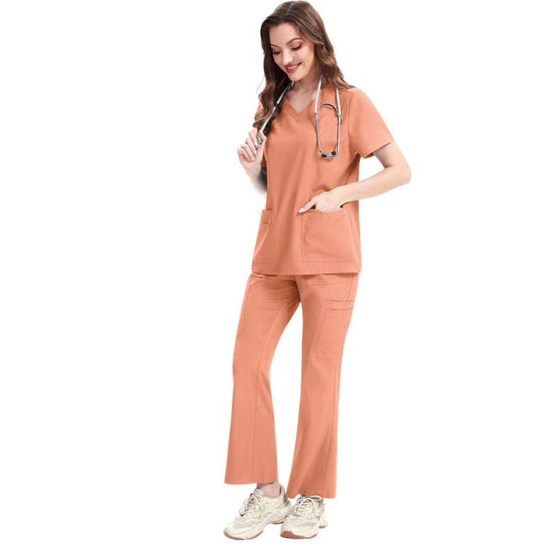 Медицински комплект униформи: V-образно деколте, къси ръкави, бързосъхнеща полиестер-еластан смес, влагоотводящ, унисекс