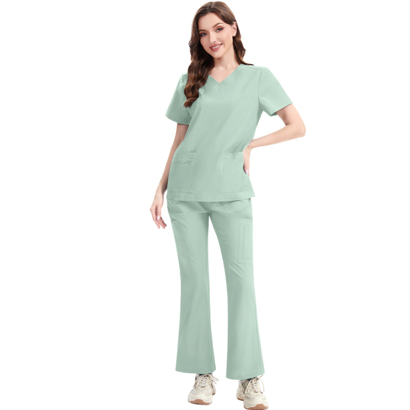 Медицински комплект униформи: V-образно деколте, къси ръкави, бързосъхнеща полиестер-еластан смес, влагоотводящ, унисекс