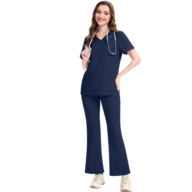 Медицински комплект униформи: V-образно деколте, къси ръкави, бързосъхнеща полиестер-еластан смес, влагоотводящ, унисекс