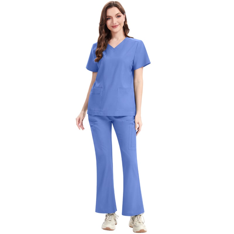 Медицински комплект униформи: V-образно деколте, къси ръкави, бързосъхнеща полиестер-еластан смес, влагоотводящ, унисекс