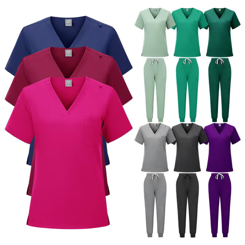 Dvodjelni scrubs set, kratki rukavi, V-izrez, poliester-spandeks materijal, unisex