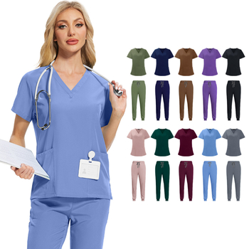 Set scrubs unisex pentru îngrijire medicală, material care evacuează umezeala din poliester-spandex, mâneci scurte, decolteu în V, top și pantaloni în stil costum