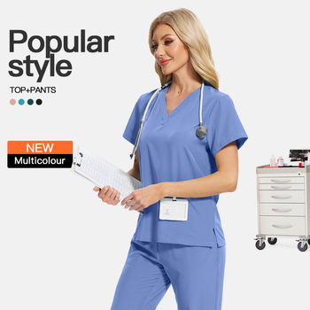Set scrubs unisex pentru îngrijire medicală, material care evacuează umezeala din poliester-spandex, mâneci scurte, decolteu în V, top și pantaloni în stil costum