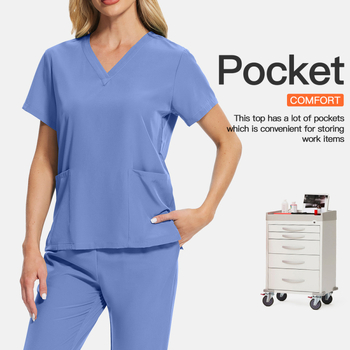 Set scrubs unisex pentru îngrijire medicală, material care evacuează umezeala din poliester-spandex, mâneci scurte, decolteu în V, top și pantaloni în stil costum