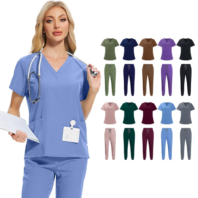 Set scrubs unisex pentru îngrijire medicală, material care evacuează umezeala din poliester-spandex, mâneci scurte, decolteu în V, top și pantaloni în stil costum
