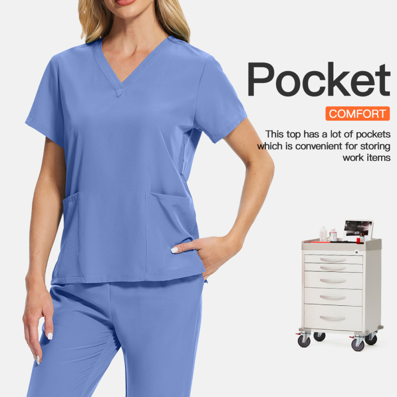 Set scrubs unisex pentru îngrijire medicală, material care evacuează umezeala din poliester-spandex, mâneci scurte, decolteu în V, top și pantaloni în stil costum