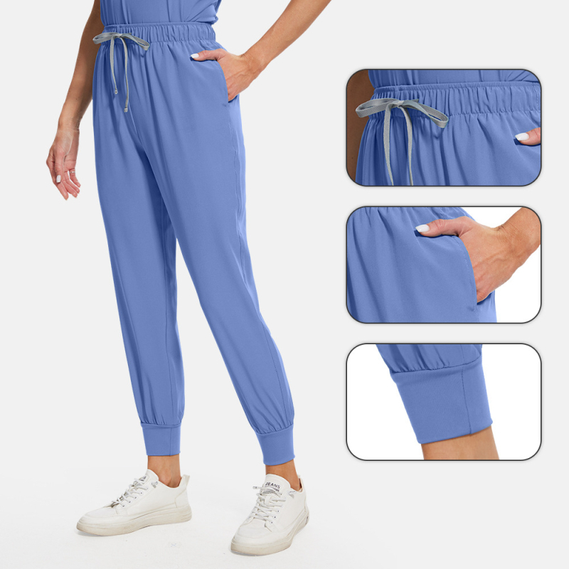 Set scrubs unisex pentru îngrijire medicală, material care evacuează umezeala din poliester-spandex, mâneci scurte, decolteu în V, top și pantaloni în stil costum