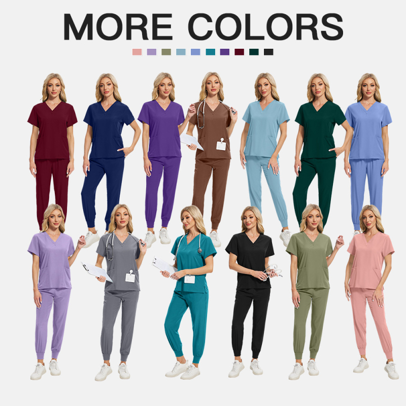Set scrubs unisex pentru îngrijire medicală, material care evacuează umezeala din poliester-spandex, mâneci scurte, decolteu în V, top și pantaloni în stil costum