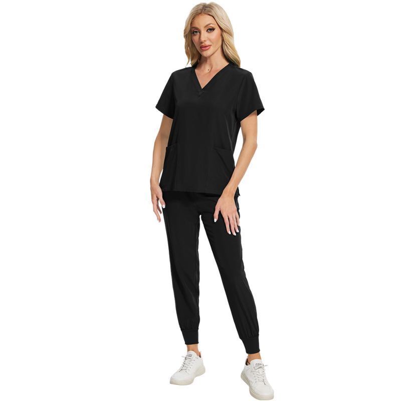 Set scrubs unisex pentru îngrijire medicală, material care evacuează umezeala din poliester-spandex, mâneci scurte, decolteu în V, top și pantaloni în stil costum