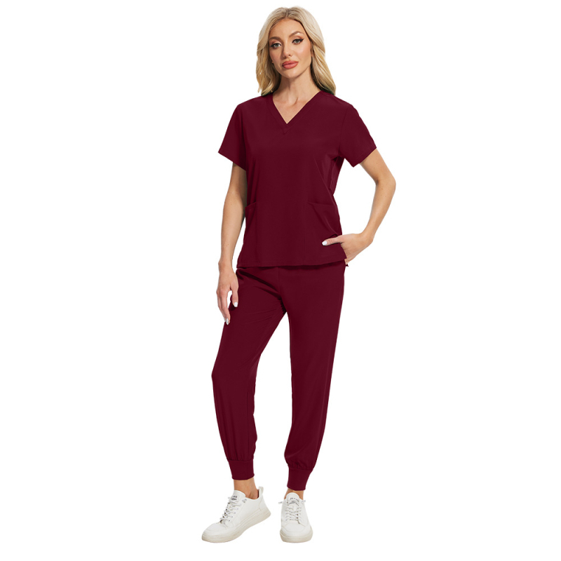 Set scrubs unisex pentru îngrijire medicală, material care evacuează umezeala din poliester-spandex, mâneci scurte, decolteu în V, top și pantaloni în stil costum