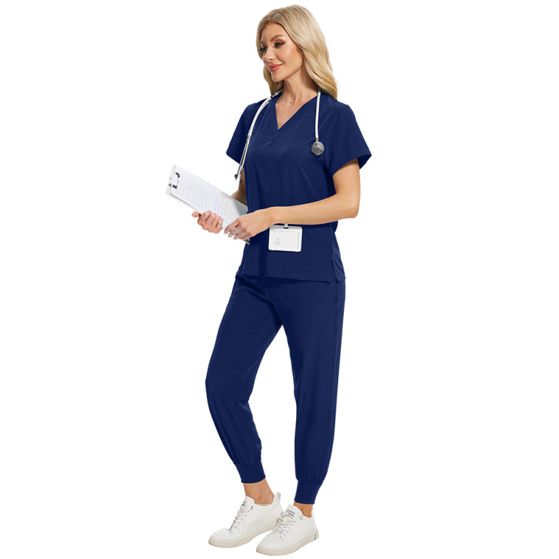 Set scrubs unisex pentru îngrijire medicală, material care evacuează umezeala din poliester-spandex, mâneci scurte, decolteu în V, top și pantaloni în stil costum