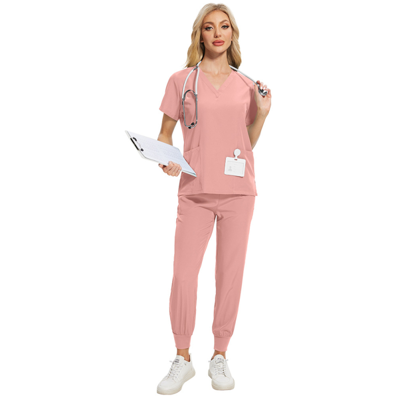Set scrubs unisex pentru îngrijire medicală, material care evacuează umezeala din poliester-spandex, mâneci scurte, decolteu în V, top și pantaloni în stil costum