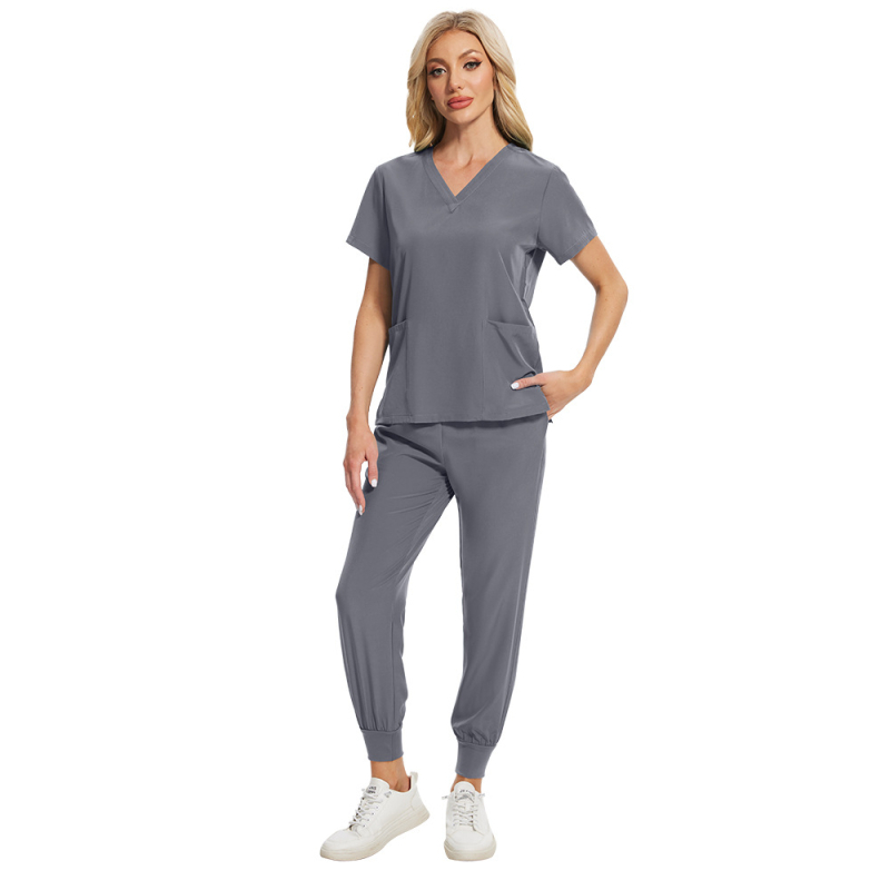 Set scrubs unisex pentru îngrijire medicală, material care evacuează umezeala din poliester-spandex, mâneci scurte, decolteu în V, top și pantaloni în stil costum