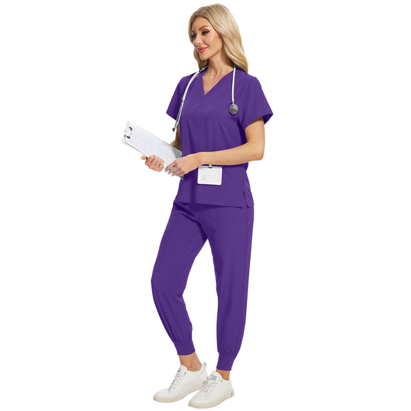 Set scrubs unisex pentru îngrijire medicală, material care evacuează umezeala din poliester-spandex, mâneci scurte, decolteu în V, top și pantaloni în stil costum
