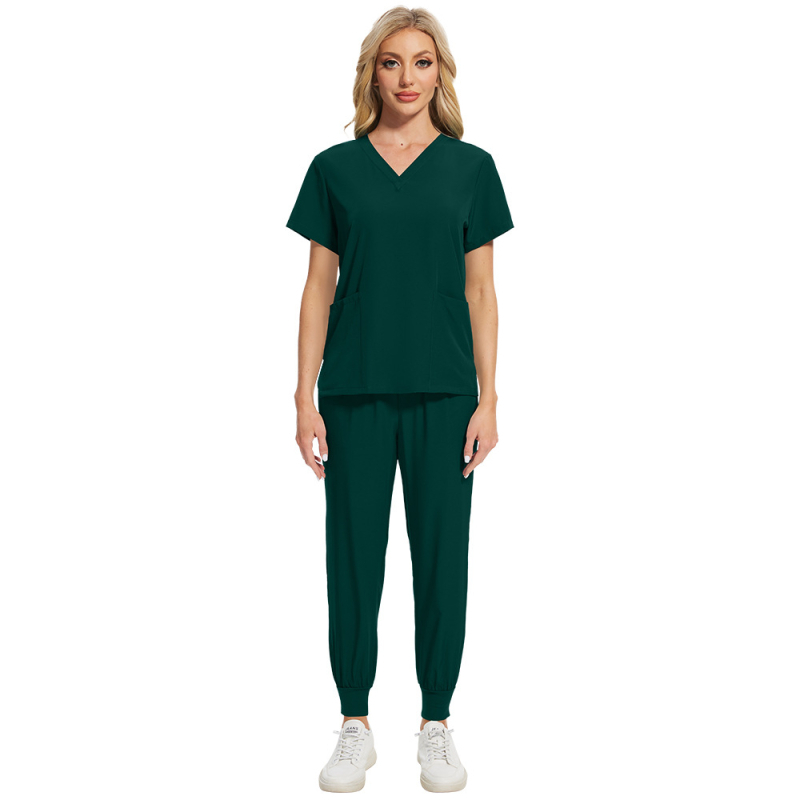Set scrubs unisex pentru îngrijire medicală, material care evacuează umezeala din poliester-spandex, mâneci scurte, decolteu în V, top și pantaloni în stil costum
