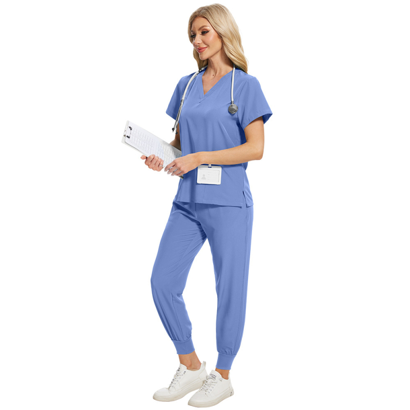 Set scrubs unisex pentru îngrijire medicală, material care evacuează umezeala din poliester-spandex, mâneci scurte, decolteu în V, top și pantaloni în stil costum