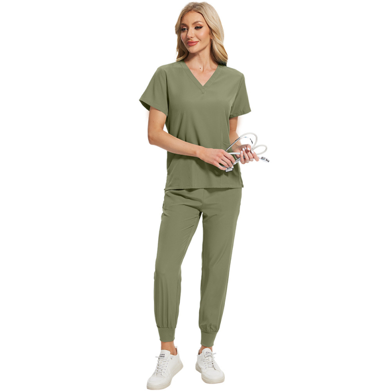 Set scrubs unisex pentru îngrijire medicală, material care evacuează umezeala din poliester-spandex, mâneci scurte, decolteu în V, top și pantaloni în stil costum