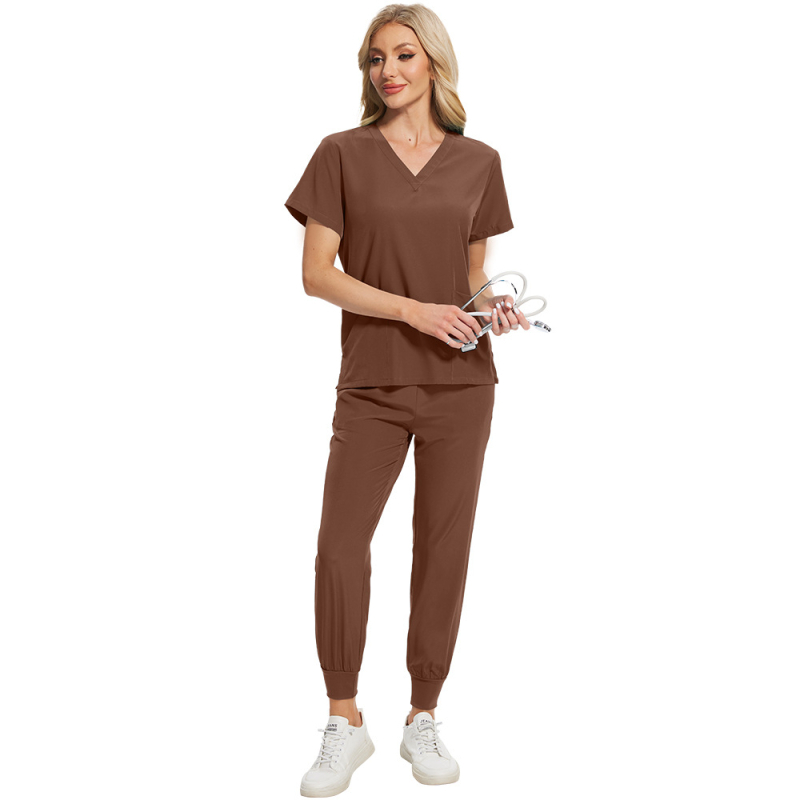 Set scrubs unisex pentru îngrijire medicală, material care evacuează umezeala din poliester-spandex, mâneci scurte, decolteu în V, top și pantaloni în stil costum