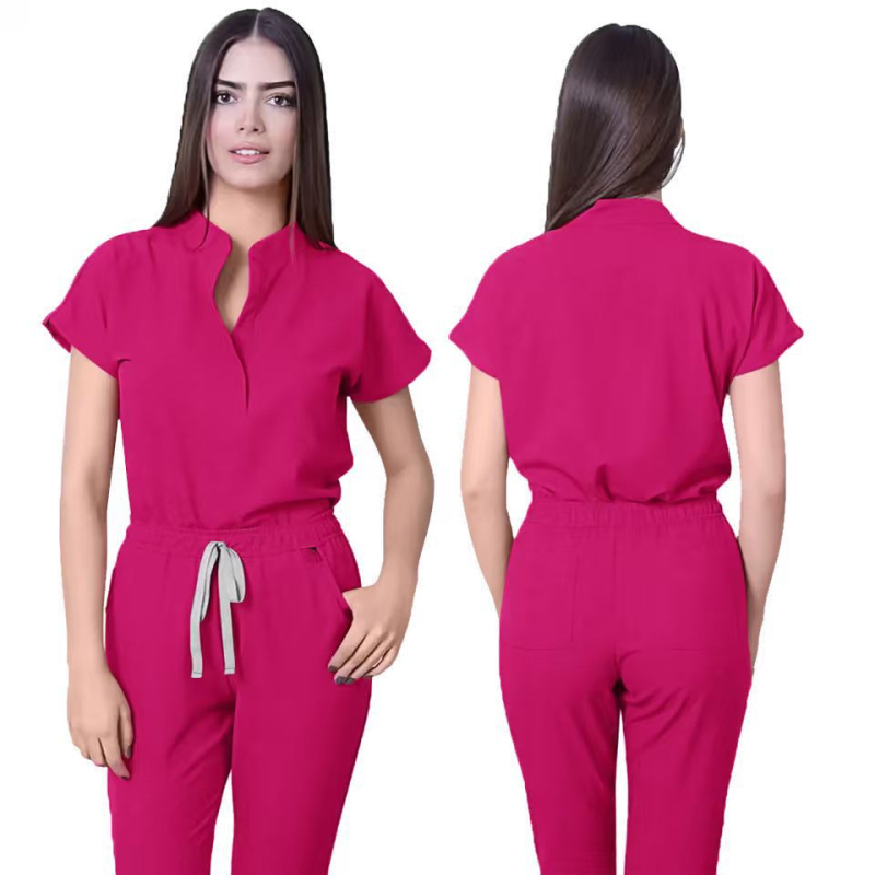 Unisex bezrukvový set scrubs s V výstrihom, nohavice, odvádza vlhkosť, zmes polyester-spandex