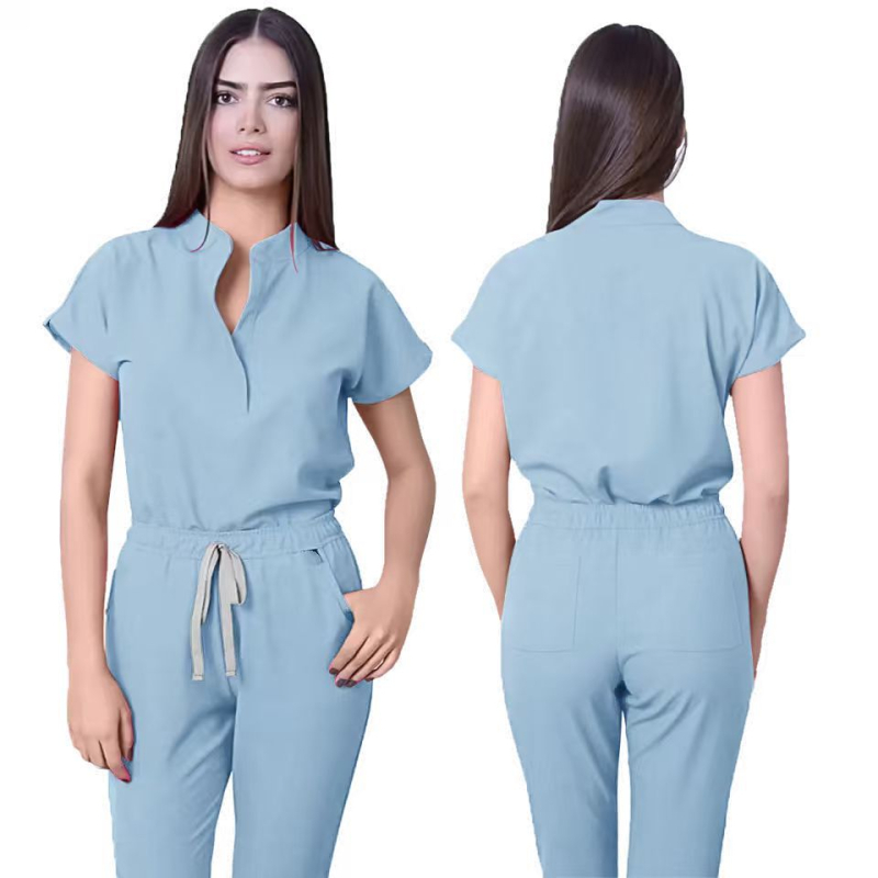 Unisex bezrukvový set scrubs s V výstrihom, nohavice, odvádza vlhkosť, zmes polyester-spandex
