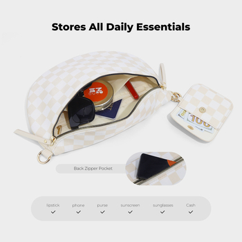 Nylon checkerboard félkör alakú crossbody táska telefonzsebbel és rejtett cipzáras zsebbel