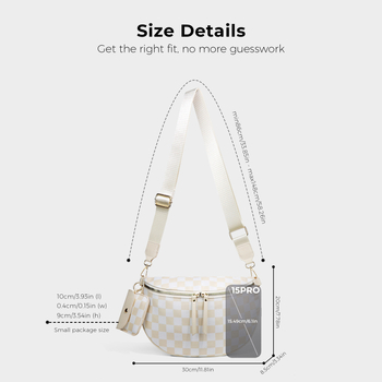 Nylon checkerboard félkör alakú crossbody táska telefonzsebbel és rejtett cipzáras zsebbel