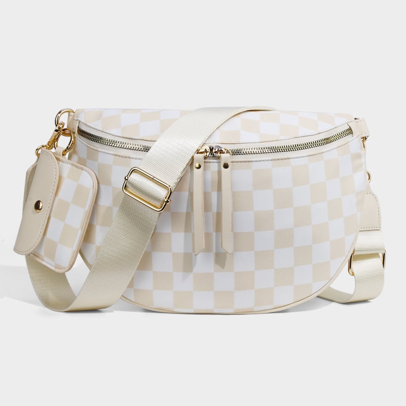Nylon checkerboard félkör alakú crossbody táska telefonzsebbel és rejtett cipzáras zsebbel