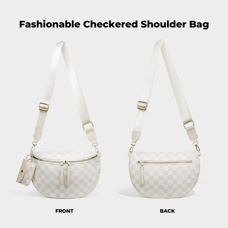 Nylon checkerboard félkör alakú crossbody táska telefonzsebbel és rejtett cipzáras zsebbel