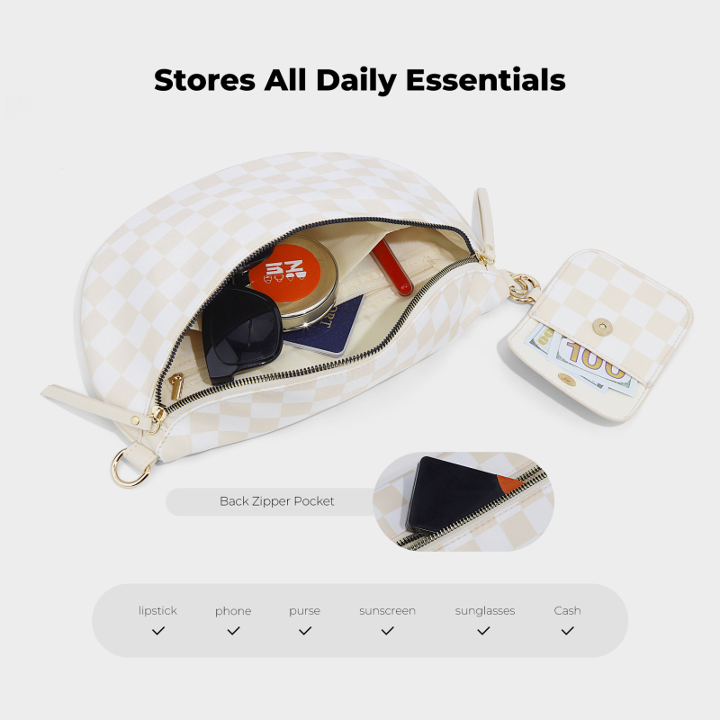 Nylon checkerboard félkör alakú crossbody táska telefonzsebbel és rejtett cipzáras zsebbel