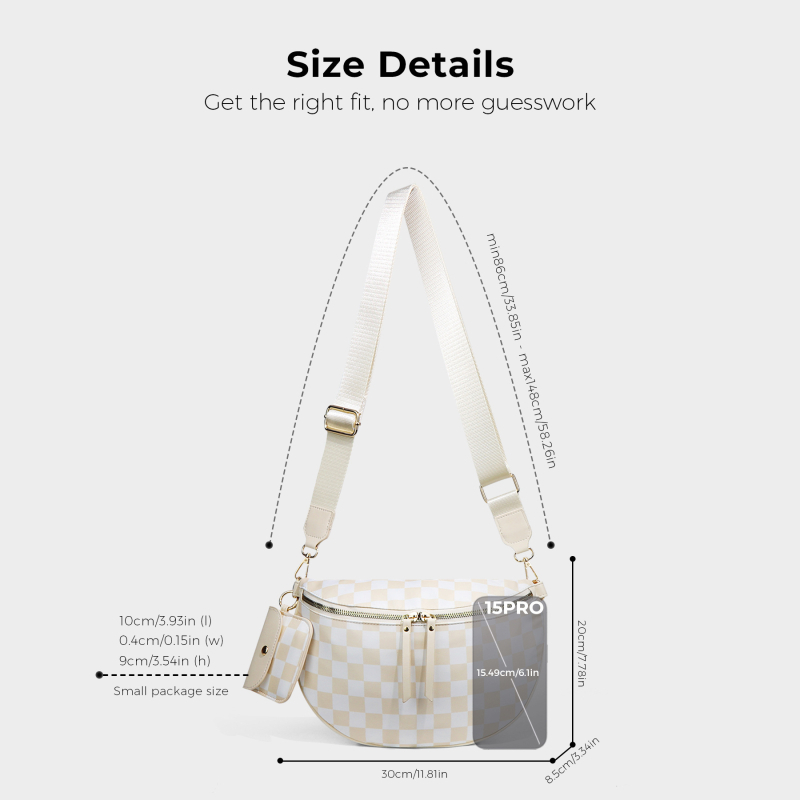 Nylon checkerboard félkör alakú crossbody táska telefonzsebbel és rejtett cipzáras zsebbel