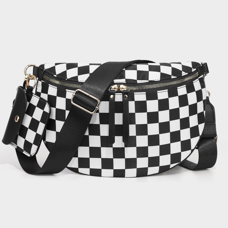Nylon checkerboard félkör alakú crossbody táska telefonzsebbel és rejtett cipzáras zsebbel
