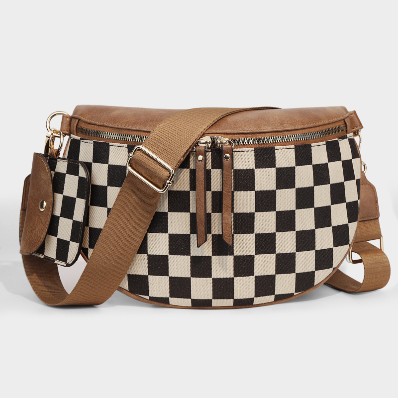 Nylon checkerboard félkör alakú crossbody táska telefonzsebbel és rejtett cipzáras zsebbel