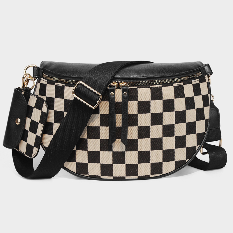 Nylon checkerboard félkör alakú crossbody táska telefonzsebbel és rejtett cipzáras zsebbel