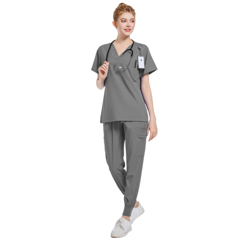 Set medical în două piese (split) – poliester-elastan 95%+, uscare rapidă, decolteu în V, mâneci scurte, unisex