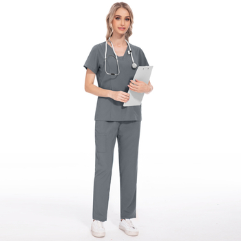 Unisex set scrubs zdravotníckych – top s krátkym rukávom a nohavice s V výstrihom, rýchloschnúci polyester-elastán zmes