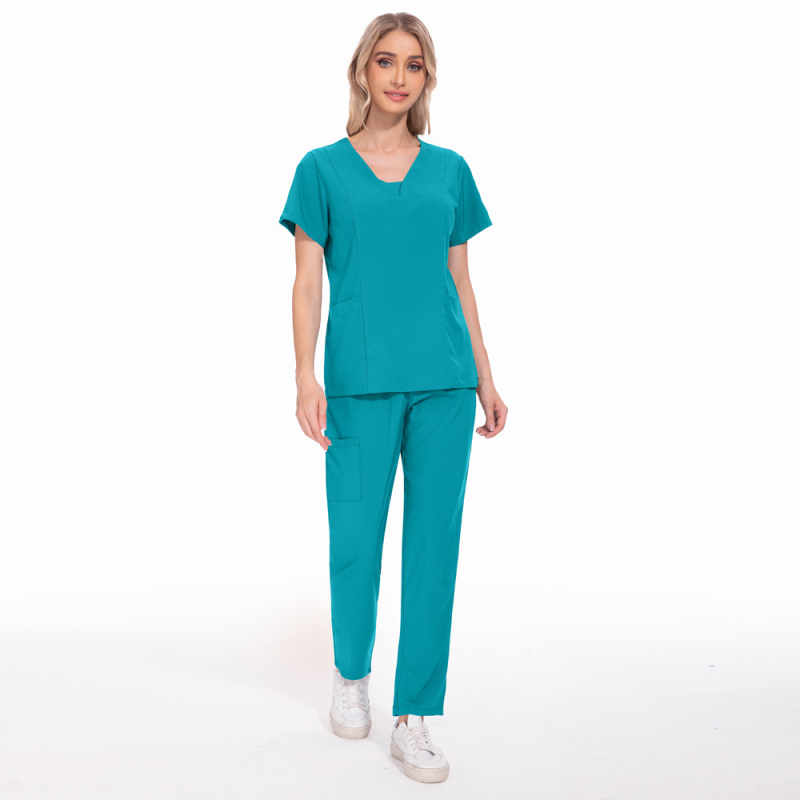Unisex set scrubs zdravotníckych – top s krátkym rukávom a nohavice s V výstrihom, rýchloschnúci polyester-elastán zmes