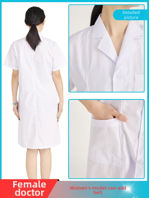 Unisex zdravotnícky lekársky plášť s krátkymi rukávmi, polyester-bavlna 65/35, odvádza vlhkosť, golier saka, nemocnica klinika
