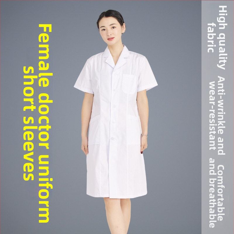 Unisex zdravotnícky lekársky plášť s krátkymi rukávmi, polyester-bavlna 65/35, odvádza vlhkosť, golier saka, nemocnica klinika