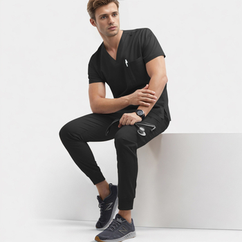 Унисекс медицински комплект: бързосъхнеща влагоотвеждаща материя, топ с V-образно деколте и къс ръкав + панталони, полиестер/еластан