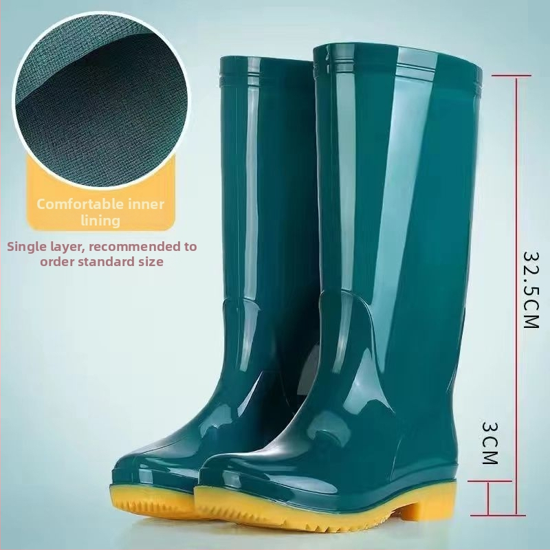Moteriški PVC lietaus batai, aukštas viršutinis, žemas kulnas 1-3 cm, storas padas, neslidūs, užsegimas slip-on