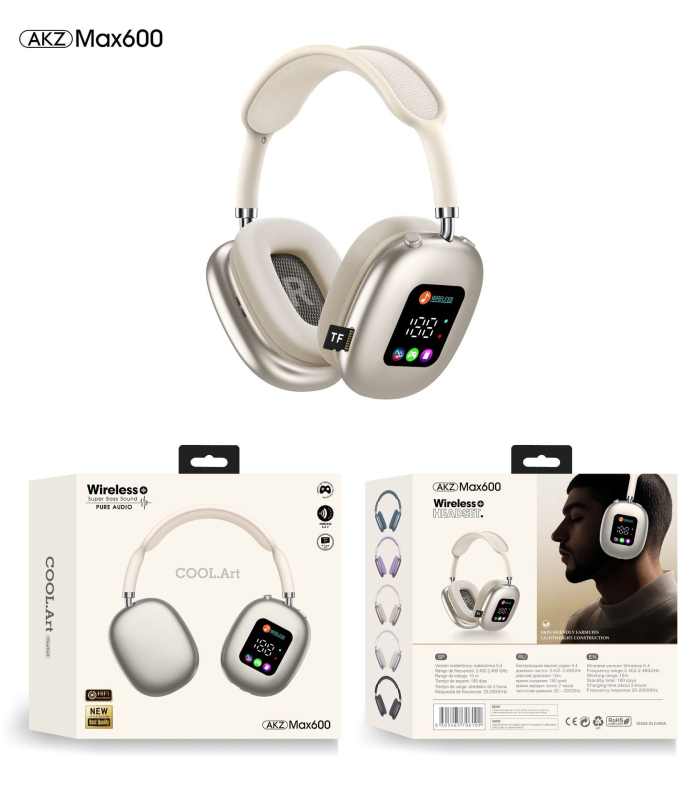AKZ MAX600 Bežične over-ear Bluetooth slušalice s RGB zaslonom i čitačem kartica, prilagođeni model